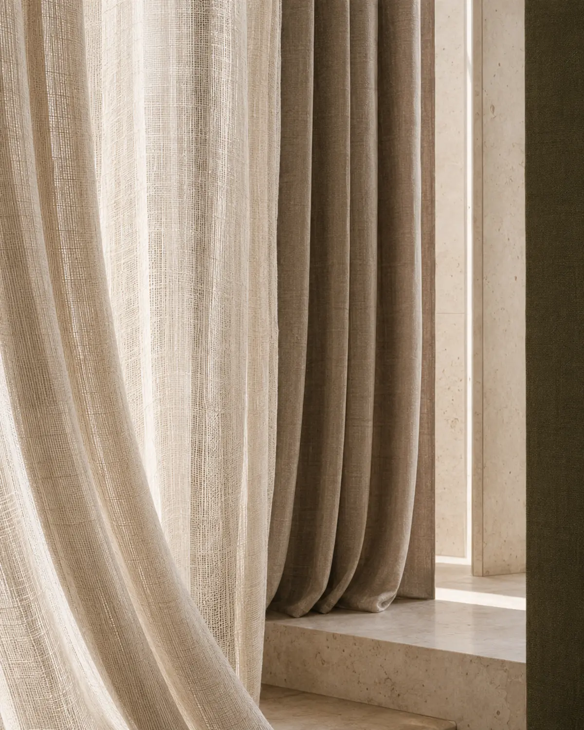 Layered sheer curtains beside a limestone window
