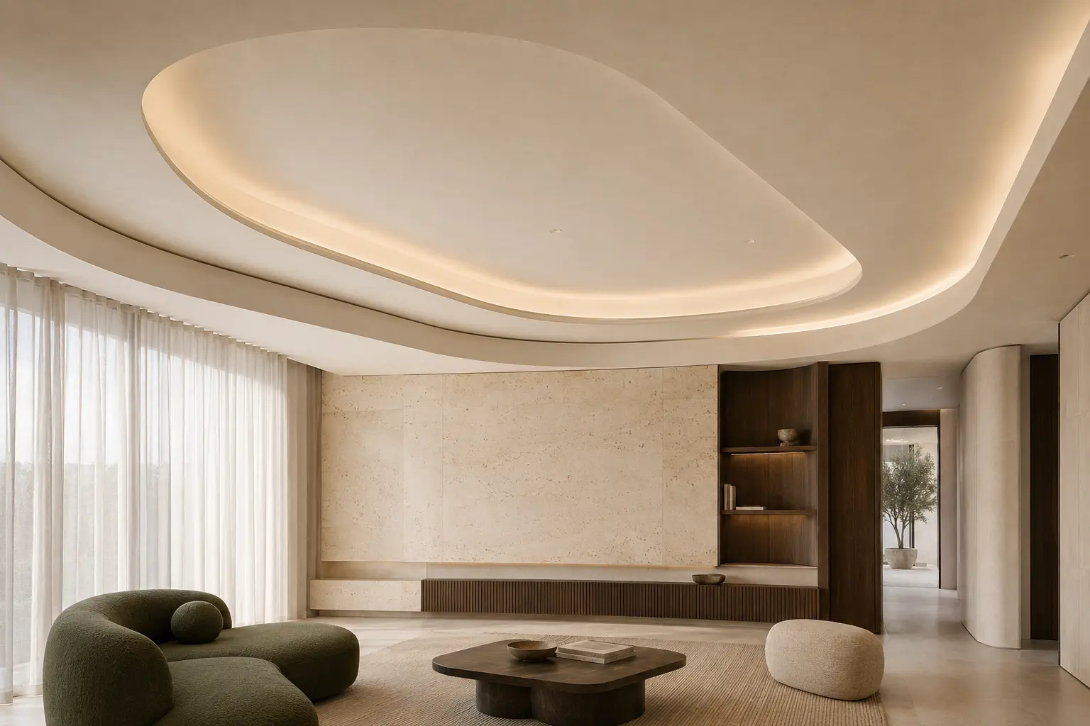Curved gypsum ceiling with soft integrated lighting