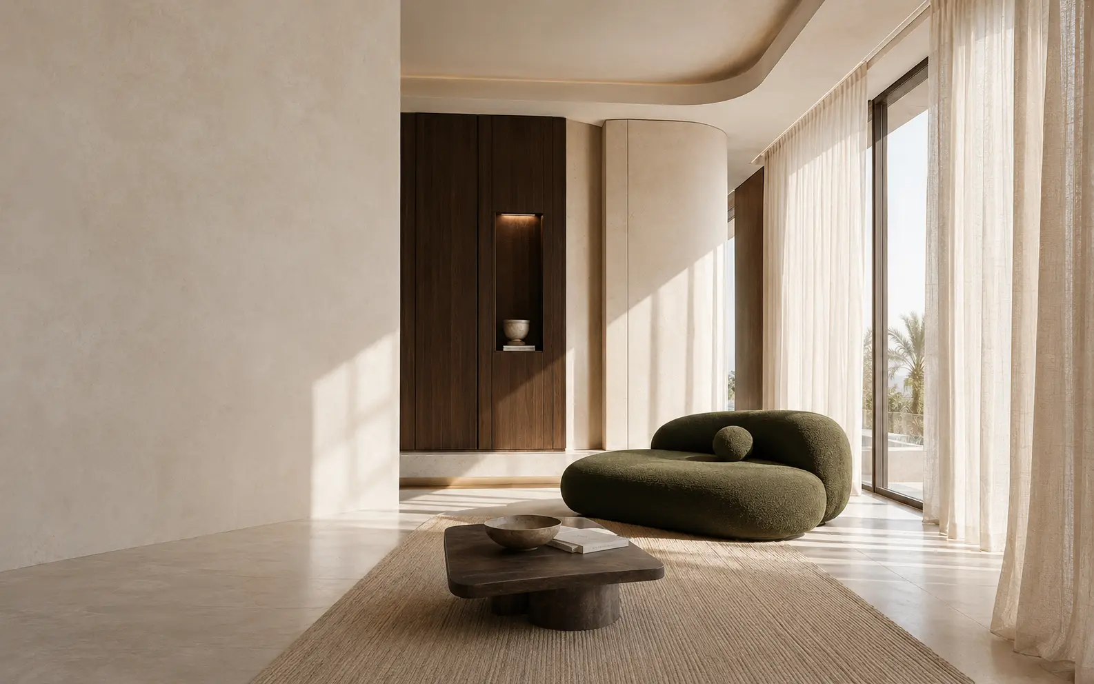 Bright luxury living room with limestone, curved ceiling and olive chair