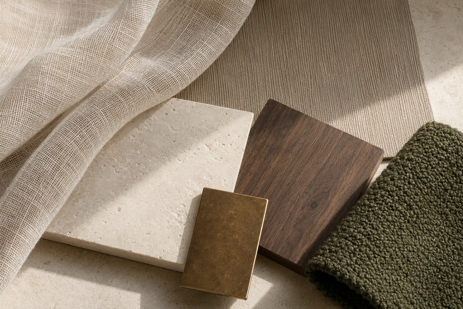 Curated linen, limestone, walnut and metal samples
